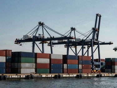 High-contrast industrial daylight shot of a deep-water port with shipping containers stacked neatly, crane silhouettes against a cool sky