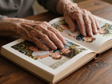 Elderly hands resting on an open family photograph album, warm amber lamplight, shallow depth of field, dark wood table surface visible at edges