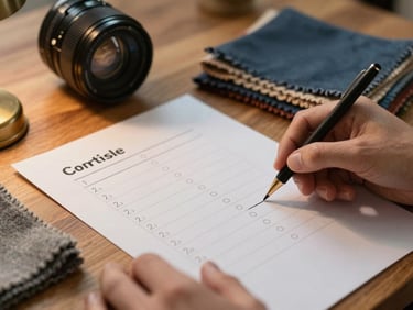 Close-up of hands arranging a detailed timeline checklist beside folded fabric swatches and a brass detail on a wooden table, warm tungsten light from the left, shallow depth of field