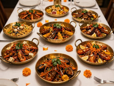 Wide table setting seen from above, brass serving dishes filled with vibrant regional dishes, marigold petals scattered across a white linen cloth, warm ambient light, no people