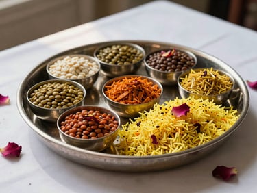 Close-up of a round silver thali arranged with small bowls of vibrant spiced lentils and saffron rice, rose petals scattered on the white tablecloth, soft north-facing daylight from the left