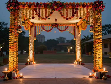 Wide shot of an elegantly decorated mandap interior at dusk, marigold and rose garlands hanging from archways, warm candlelight glowing from brass diyas on the floor, empty space awaiting the ceremony