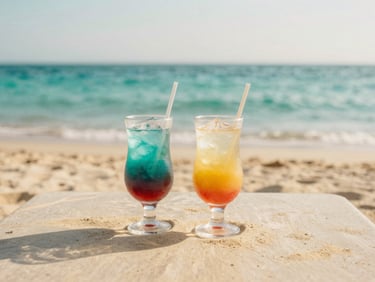 Two colorful iced fruit cocktails with condensation on the glasses, sitting on a sandy beach table, turquoise sea background, 35mm