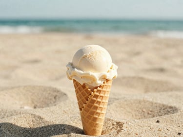 Gourmet gelato scoop in a waffle cone, melting slightly under the summer sun, soft focus beach background, 35mm