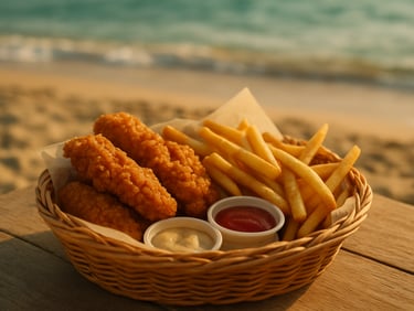 Crispy chicken tenders in a basket with golden fries, served with dipping sauces on a beach table, warm sunlight, 35mm