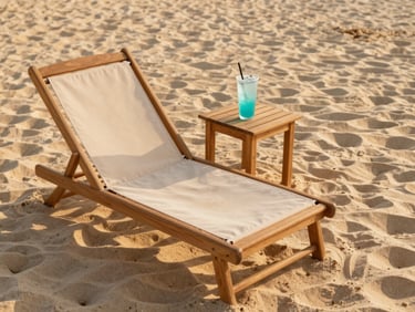 Overhead flatlay of a premium wooden sunbed set on clean sand, a cold condensation-covered drink on a small table, warm golden hour sunlight, 35mm