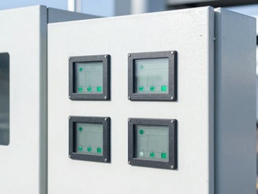 Macro detail shot of an industrial machinery control panel showing digital diagnostics and green status indicators, bright daylight, 35mm