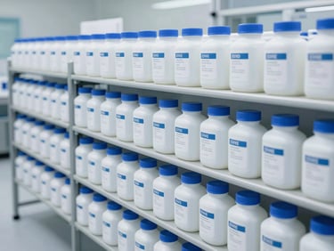 Neatly organized racks of clinical-grade chemical containers in a sterile distribution center, bright high-key lighting, 35mm