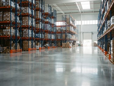 Bright high-key daylight reflecting off polished concrete floors in a massive, neatly organized warehouse distribution center with clean steel racks, 35mm photography