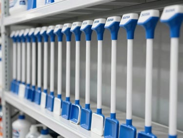 Neat rows of professional cleaning tools organized on industrial warehouse racks, bright daylight, sharp focus