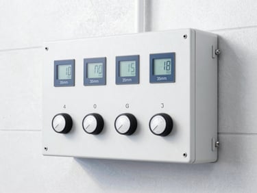 Close-up of a modern wall-mounted chemical dilution control panel with precise digital dials, bright clean studio lighting, 35mm