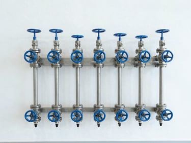 Clean industrial chemical dilution system mounted on a white wall, precise valves, bright high-key lighting