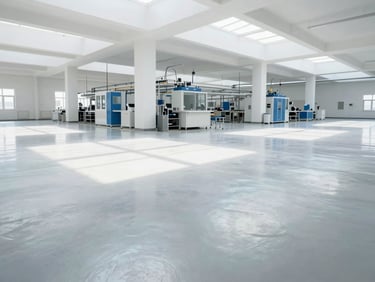 Clean modern manufacturing plant floor with polished concrete, high-key natural light from overhead skylights, 35mm