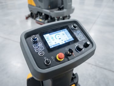 Close-up of a high-end digital control panel on an industrial scrubber-dryer, bright high-key lighting, clean polished concrete background, 35mm