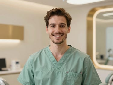 Warm portrait of a male dentist in a sage green medical gown smiling, soft lighting, modern clinic interior, shallow depth of field, 35mm