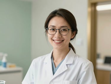 Warm portrait of a female dentist with glasses smiling warmly, soft natural light, clean elegant background, shallow depth of field, 35mm