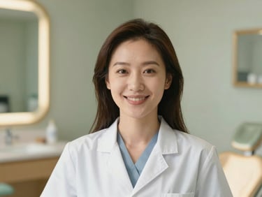 Warm portrait of a female dentist smiling gently, soft natural daylight, elegant clinic interior in background, shallow depth of field, 35mm