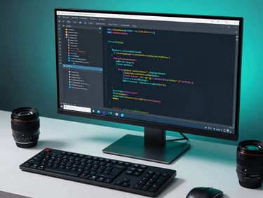 Clean lines of code on a dark monitor screen reflecting neon teal light, modern developer workspace