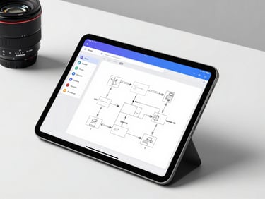 Sleek tablet displaying a high-fidelity interactive wireframe with crisp UI elements and user flow diagrams