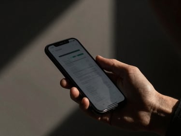 Close-up of a masculine hand holding a smartphone, screen displaying abstract encrypted data, strong geometric shadows, desaturated tones, low-key lighting.
