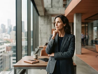 A thoughtful executive in a modern architectural space with clean concrete lines, soft window light, warm terracotta tones, 35mm editorial corporate photography.