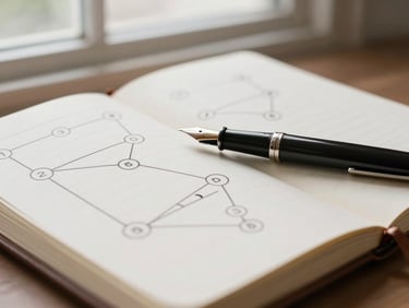 Close-up of a premium leather notebook with strategic communication diagrams, fountain pen resting on the page, soft natural window light, 35mm