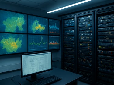 Panoramic control room with multiple large displays showing network coverage maps and spectrum charts, rows of rack-mounted radio equipment with LED status indicators, cool blue-white studio lighting revealing precise cable routing and equipment labels, no people visible, technical documentation visible on foreground monitor