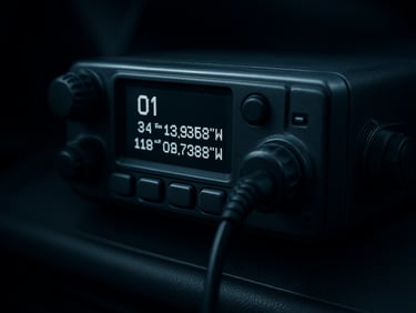 Close-up of a vehicle-mounted PoC radio terminal dashboard, digital display showing active channel and GPS coordinates, control buttons in sharp focus, cool studio lighting revealing connector and panel texture, dark cab interior background