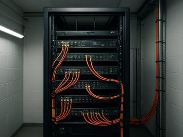 Wide shot of a rack-mounted digital radio repeater installation inside a technical room, multiple antenna patch cables organized with cable management, cool white fluorescent lighting revealing equipment labels and status LEDs, full equipment bay visible