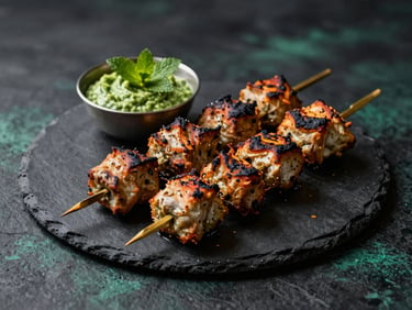 Platter of smoky tandoori kebabs with mint chutney on a dark slate plate, elegant gold highlights, moody low-key lighting, 35mm