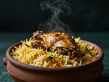 Macro shot of steaming chicken biryani in a traditional clay handi, dramatic directional key light, dark charcoal background, shallow depth of field, 35mm