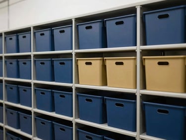 Storage & Organisation. Structured warehouse view of modular storage boxes and home organization containers, clean lines