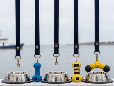 Pet Accessories. Durable woven pet leashes, stainless steel bowls, and modern pet toys, high-contrast maritime lighting