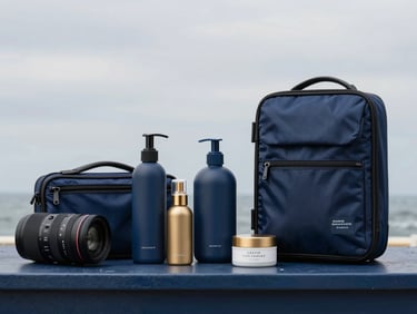 Lifestyle Products. Tactile consumer goods including travel accessories and personal care items in a clean studio setting