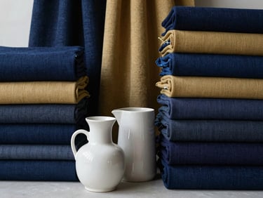 Home Essentials. Muted studio shot of high-quality textiles and ceramic home goods, soft natural light, overcast maritime tones, sharp focus