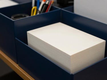 Office Supplies. Close-up of premium paper stock, minimalist desk organizers, and writing tools, sharp 50mm lens focus