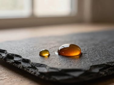 Macro shot of rich amber oil droplets on a textured dark slate stone, soft warm directional window light, shallow depth of field