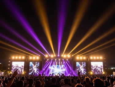 Dramatic wide shot of an outdoor music festival stage at night, vibrant purple and gold spotlights beaming into the sky, massive crowd silhouettes cheering.