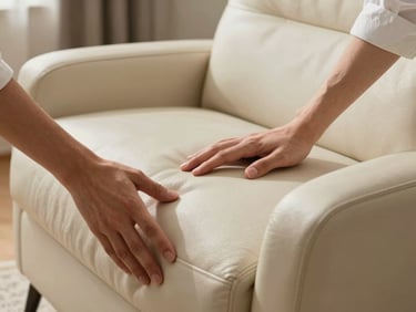 Hands gently testing the supple, pristine texture of a treated aniline leather armchair, warm natural light pouring over an elegant minimalist residential interior.