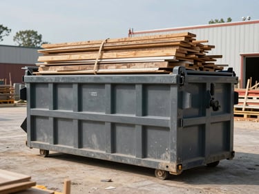 30-yard roll-off dumpster on a commercial construction lot in daylight, framing lumber and drywall scraps loaded in the container, wide environmental context showing scale
