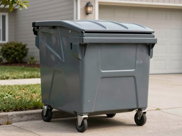 Close environmental shot of a 10-yard roll-off dumpster sitting in a residential driveway under natural daylight, garage and modest landscaping visible behind it, compact footprint evident