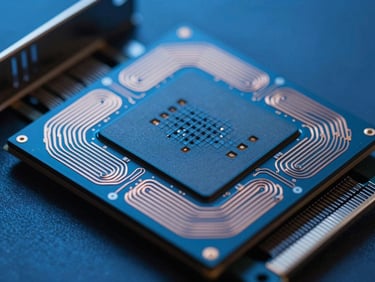 Extreme macro close-up of a high-end PC graphics card silicon die, cold blue studio lighting, metallic copper traces, shallow depth of field