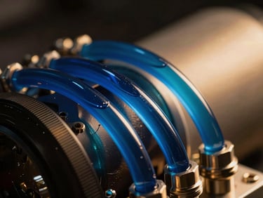 Macro shot of custom liquid cooling tubes filled with deep blue fluid, metallic fittings, low-key dramatic studio lighting with warm gold highlights