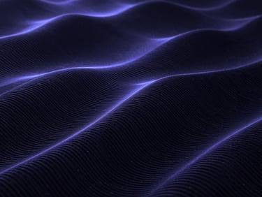 Abstract dark digital texture showing complex algorithmic wave patterns, illuminated by a sharp electric indigo light, high contrast