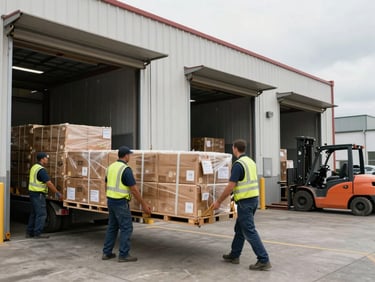 Wide environmental shot of a distribution center receiving dock at shift change, workers transferring cargo under overcast daylight from open bay doors, forklifts visible in background