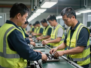 Medium shot of workers in reflective vests at a manufacturing assembly line, practical tungsten overhead lighting, hands adjusting parts on a conveyor belt, no faces visible
