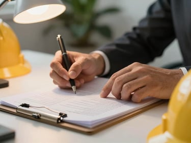 Close-up of hands completing administrative paperwork on a desk in a plant office, tungsten lamp light, clipboard and hard hat visible at frame edge, no faces