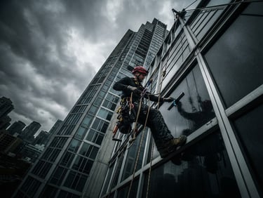 Low-angle dynamic shot of an industrial climber suspended by ropes against a modern architectural facade, high contrast, dramatic overcast sky, gritty industrial photography.
