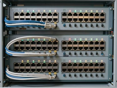 Tight overhead shot of a network patch panel with dense cable runs, labeled ports, and indicator LEDs in even studio lighting, technical detail sharp and unambiguous against a neutral rack background