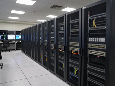 Wide shot of a technical control room interior, rows of server racks and monitoring displays in precise alignment, even fluorescent daylight illuminating cable management and interface panels in sharp detail